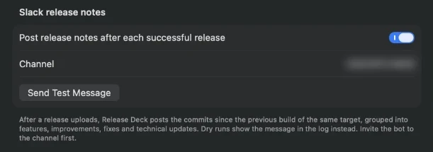 Release Deck settings: Slack release notes switched on, a channel field, a Send Test Message button and a bot token saved in Keychain.